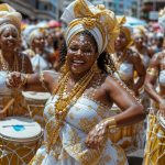 Desfile de bloco afro com figurinos coloridos e instrumentos de percussão durante o Carnaval da Bahia