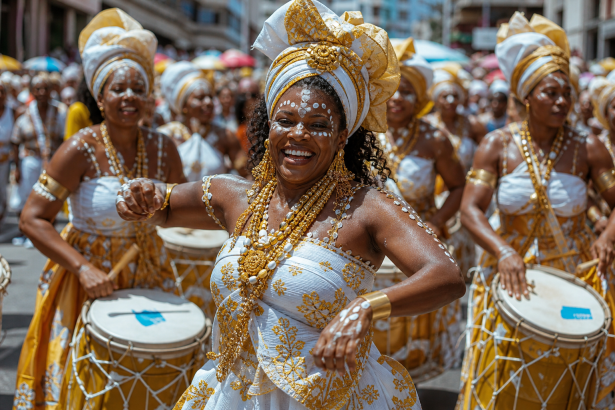 Desfile de bloco afro com figurinos coloridos e instrumentos de percussão durante o Carnaval da Bahia
